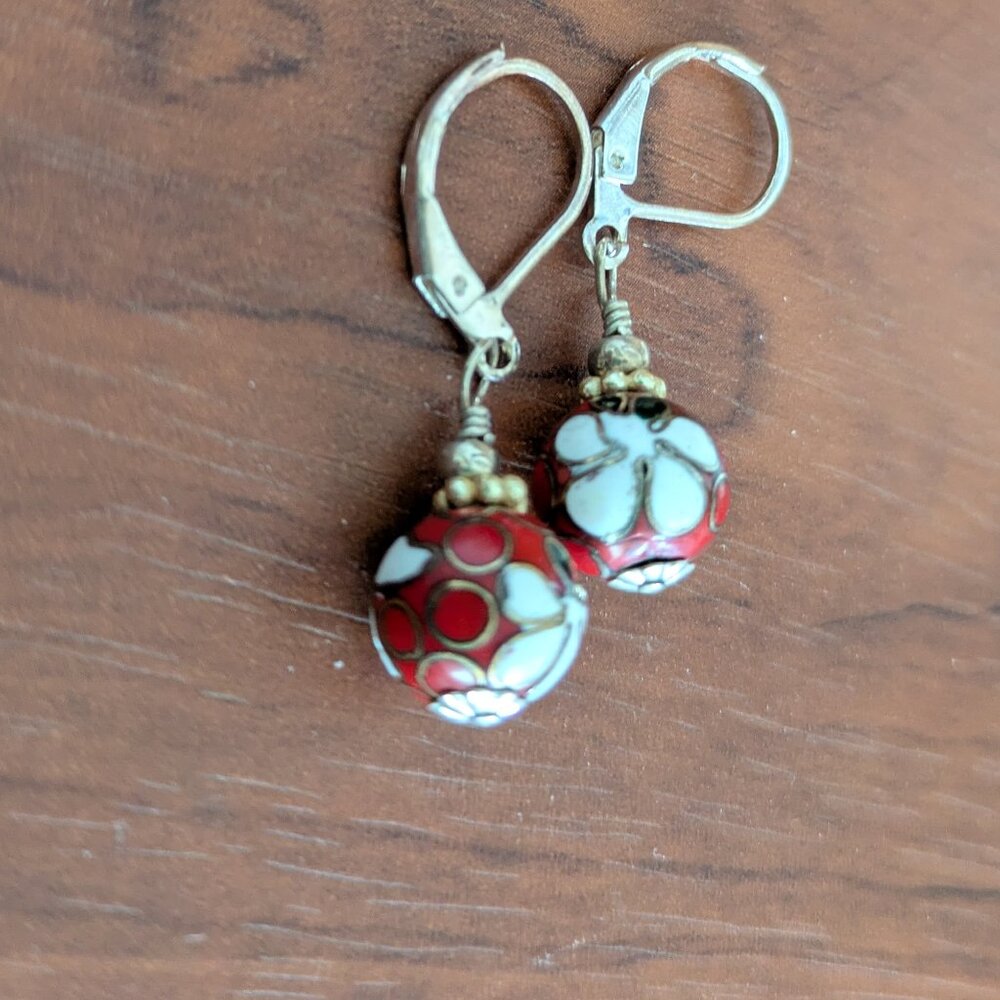 Red and White Small Cloisonne Earrings